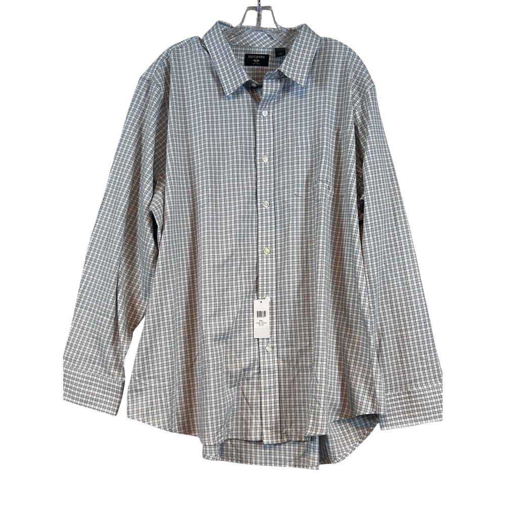 NWT Dockers Mens XXL Long Slv Plaid Button Down Shirt Blue White Stretch Classic